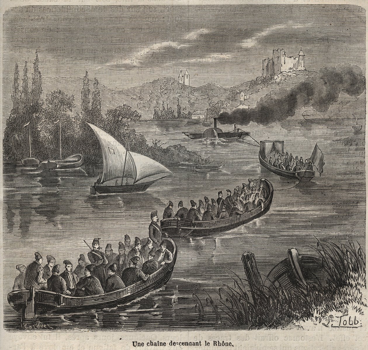 Le bagne de Toulon - une chaine descendant le Rhone (engraving in 