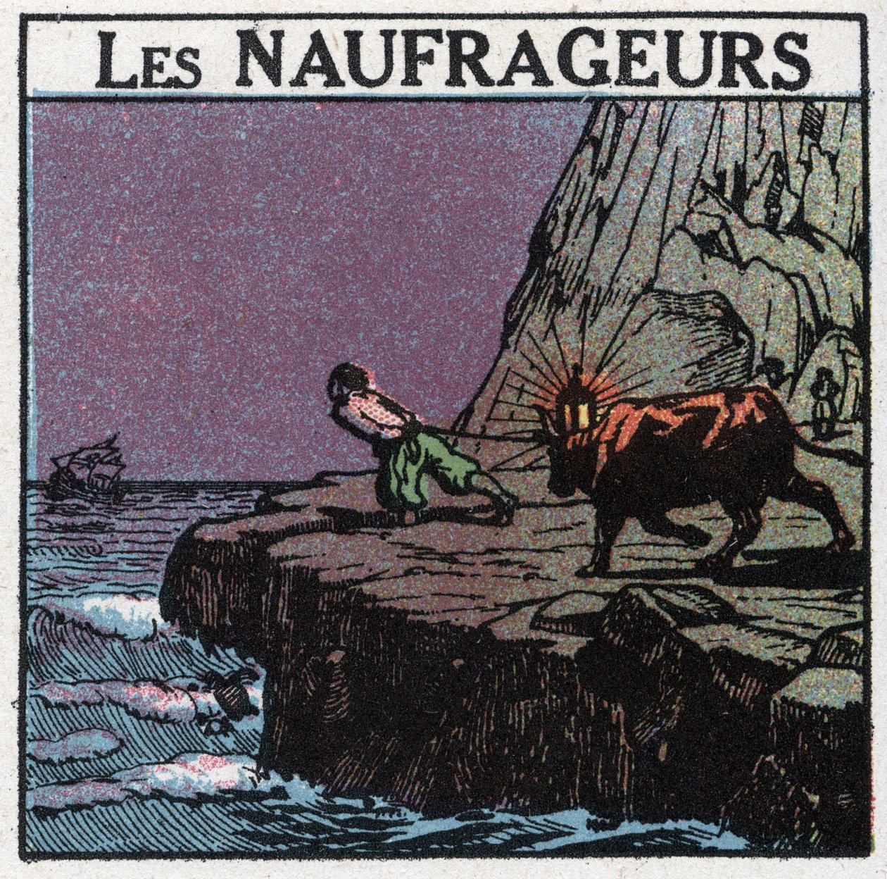 Light signals: the shipwrecks. A man hangs a lantern between the horns of a cow and walks along the coast to make the boats believe that they are still far from the rocks and thus provoke their sinking to recover the wreck. Anonymous illustration from 1925 by Anonymous Anonymous