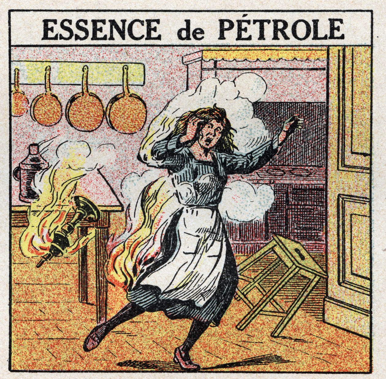 Light sources: a woman caught fire while manipulating a lamp using oil petrol. Anonymous illustration from 1925. Private collection. by Anonymous Anonymous