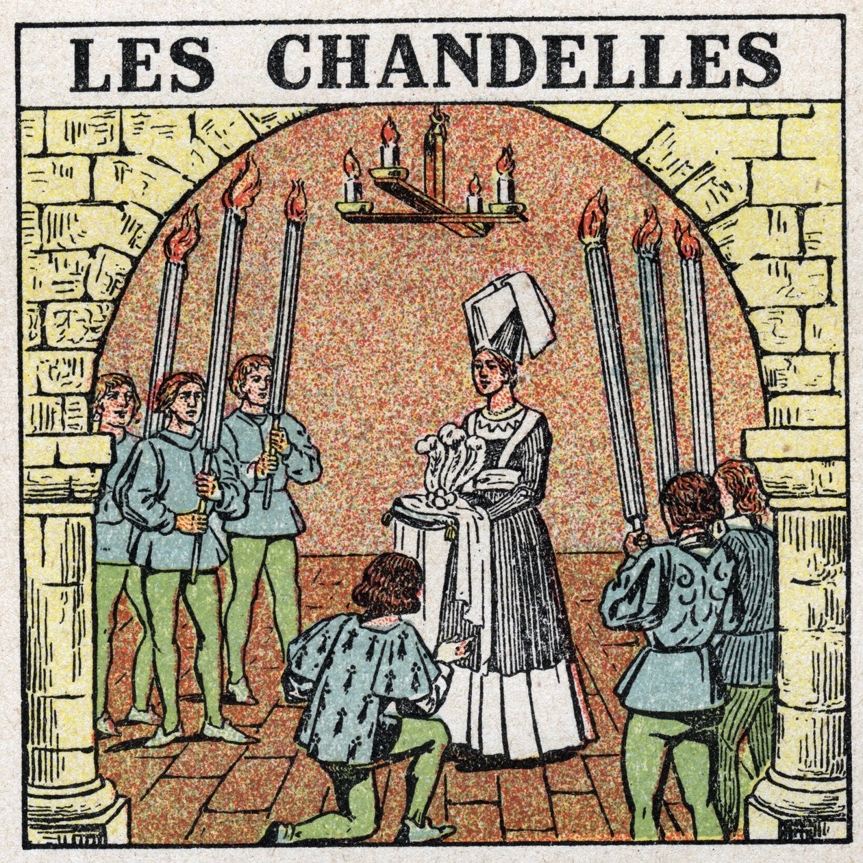 Light sources: candles used in the Middle Ages. Anonymous illustration from 1925. Private collection. by Anonymous Anonymous