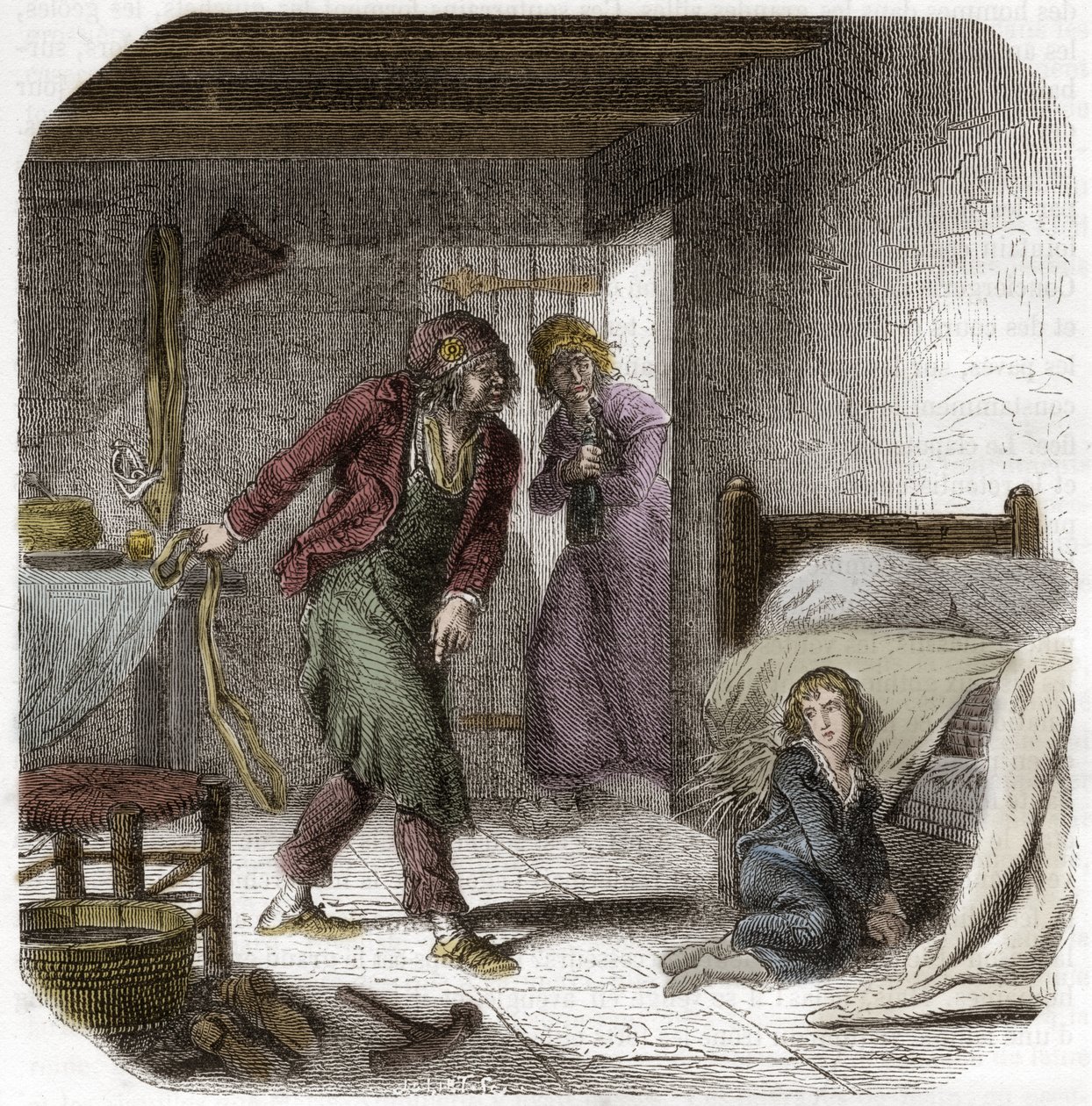 Louis XVII (1785-1795) at the Temple, with his jailer the shoemaker Antoine Simon. Engraving in Histoire des Girondins by Alphonse de Lamartine (1790-1869) 1865-1866. Private collection by Anonymous Anonymous