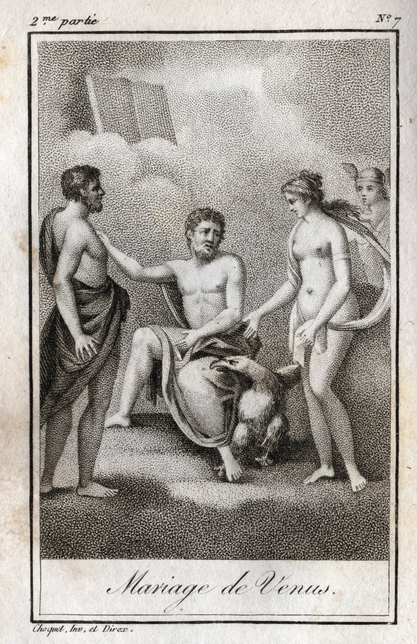 Marriage between Mars and Venus. Engraving from 1819 in 