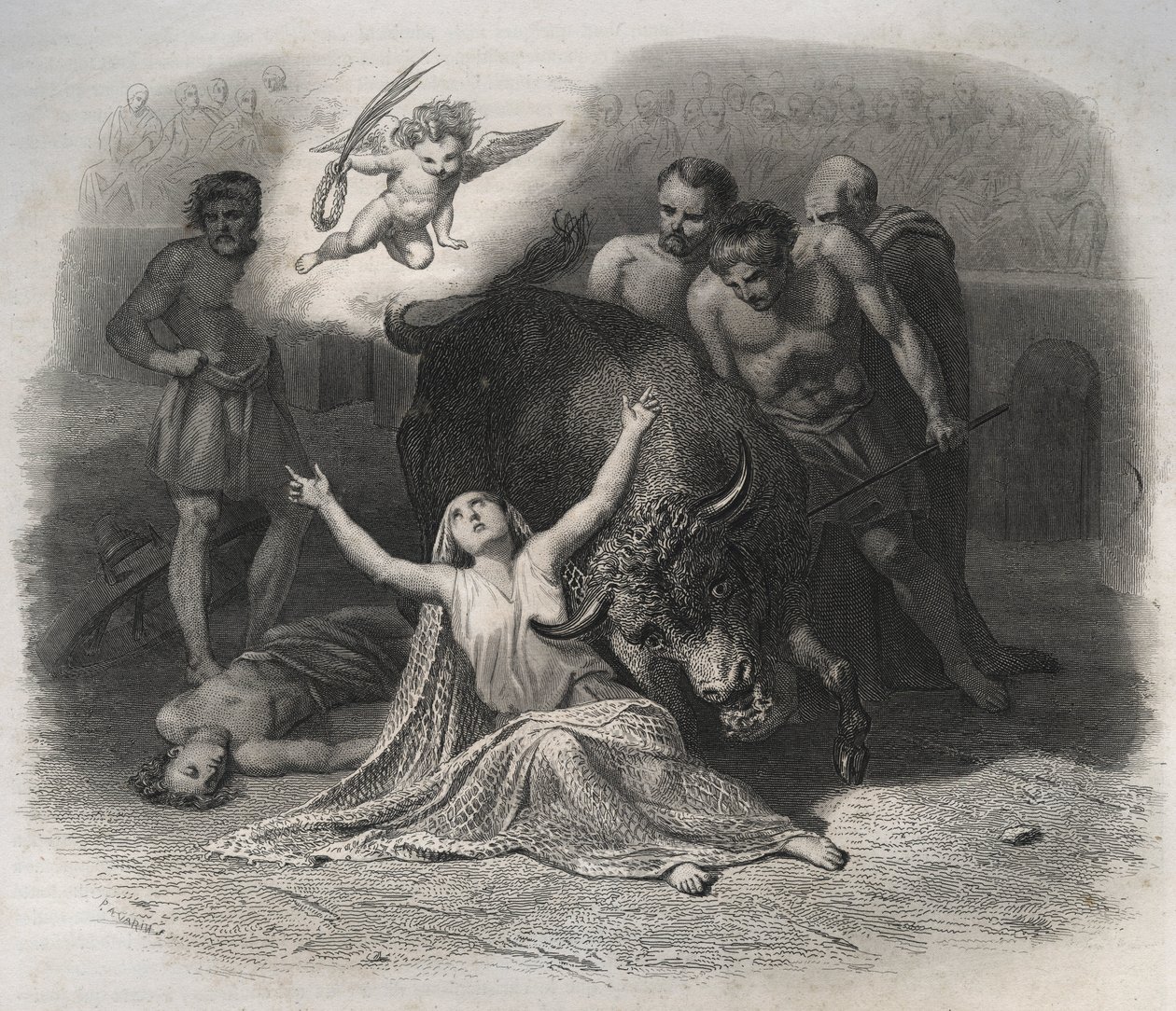Martyrdom of Saint Blandine of Lyon and Ponticus in the Arena in 177. Engraving from 1846 in 