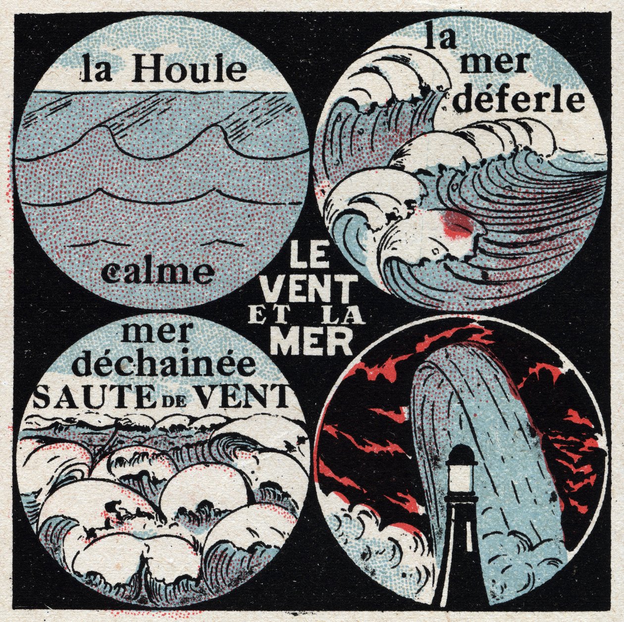 Meteorology: effect of wind on the sea. The calm swell, the sea deferle, sea dechainee, wave. Anonymous illustration from 1925. Private collection. by Anonymous Anonymous