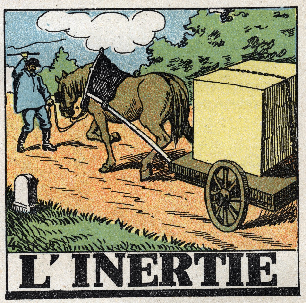 Movements: inertia. A carter giving lashes to move his horse forward. Anonymous illustration from 1925. Private collection. by Anonymous Anonymous