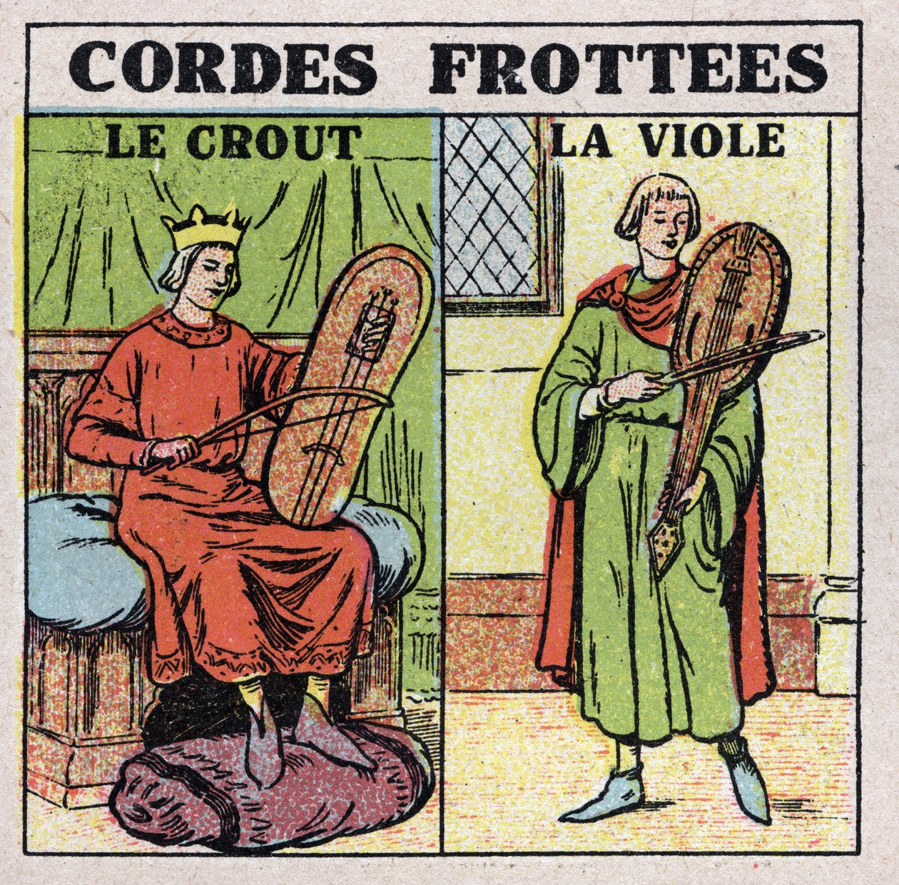 Musical instruments: rubbed string instruments. Players of crout and rapes in the Middle Ages. Anonymous illustration from 1925. Private collection. by Anonymous Anonymous