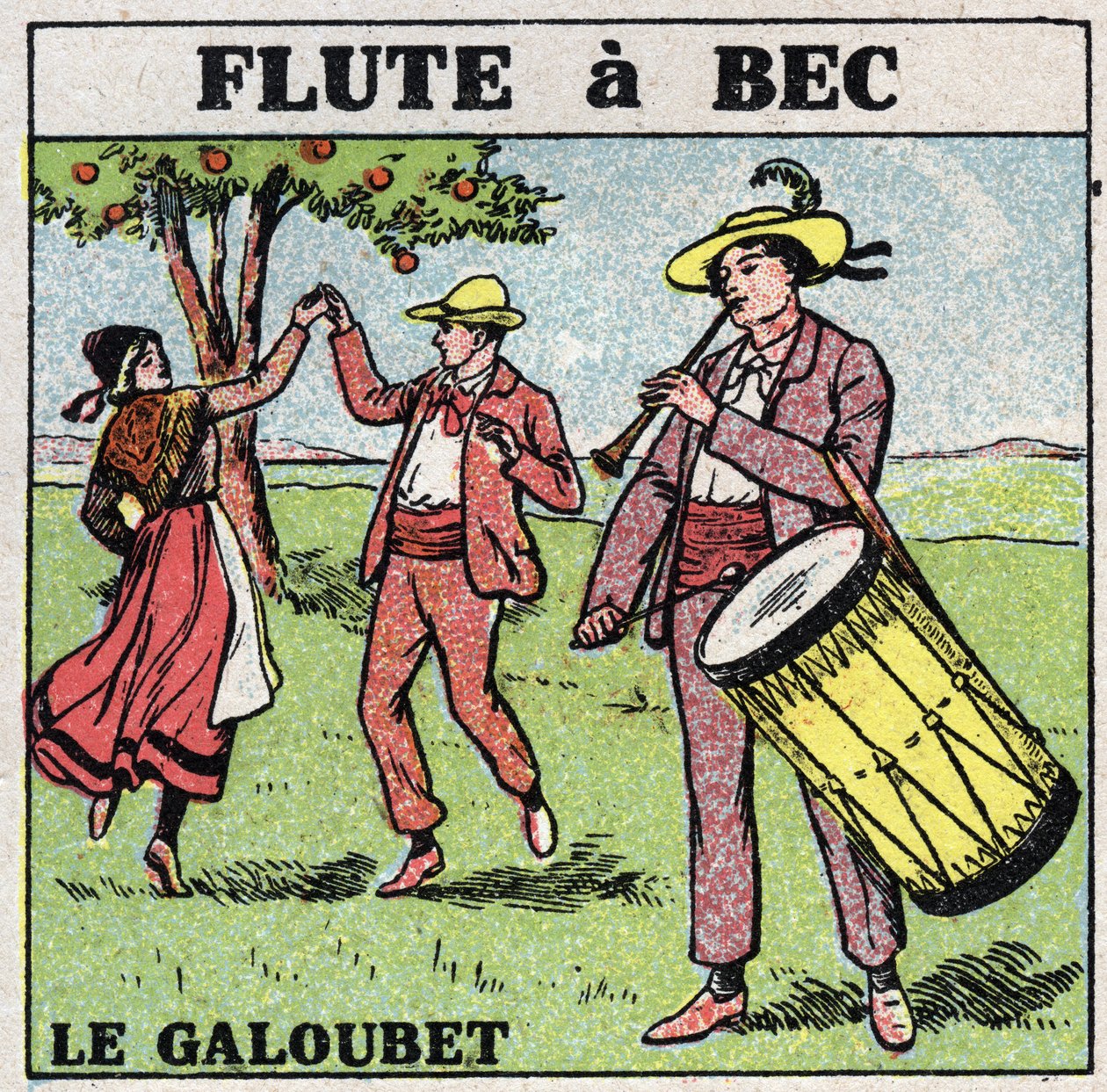 Musical instruments: wind instruments. Galubet player (flute a beak). Anonymous illustration from 1925. Private collection. by Anonymous Anonymous