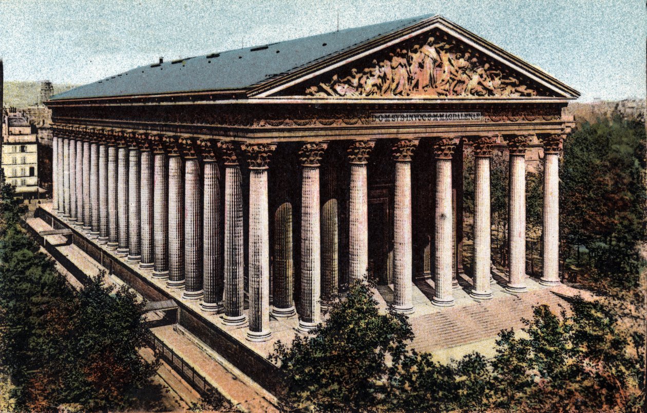 Paris: Exterior View of the Church of the Madeleine Designed by Architect Pierre Alexandre Vignon (1763-1828). Photograph of 1920 in Artistic Album of the City of Paris. Private Collection by Anonymous Anonymous