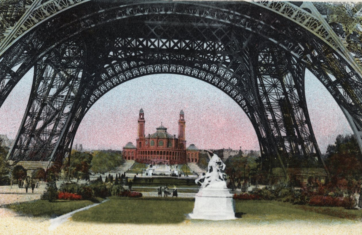 Paris: the Palais du Trocadero seen under the Eiffel Tower. Photograph of 1920 in Artistic Album of the city of Paris. Private collection. by Anonymous Anonymous