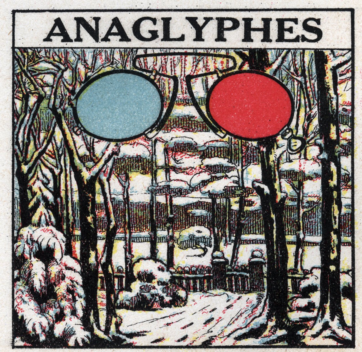 Photography: an anaglyph is an image printed to be seen in relief with two-tone glasses. Anonymous illustration from 1925. Private collection. by Anonymous Anonymous