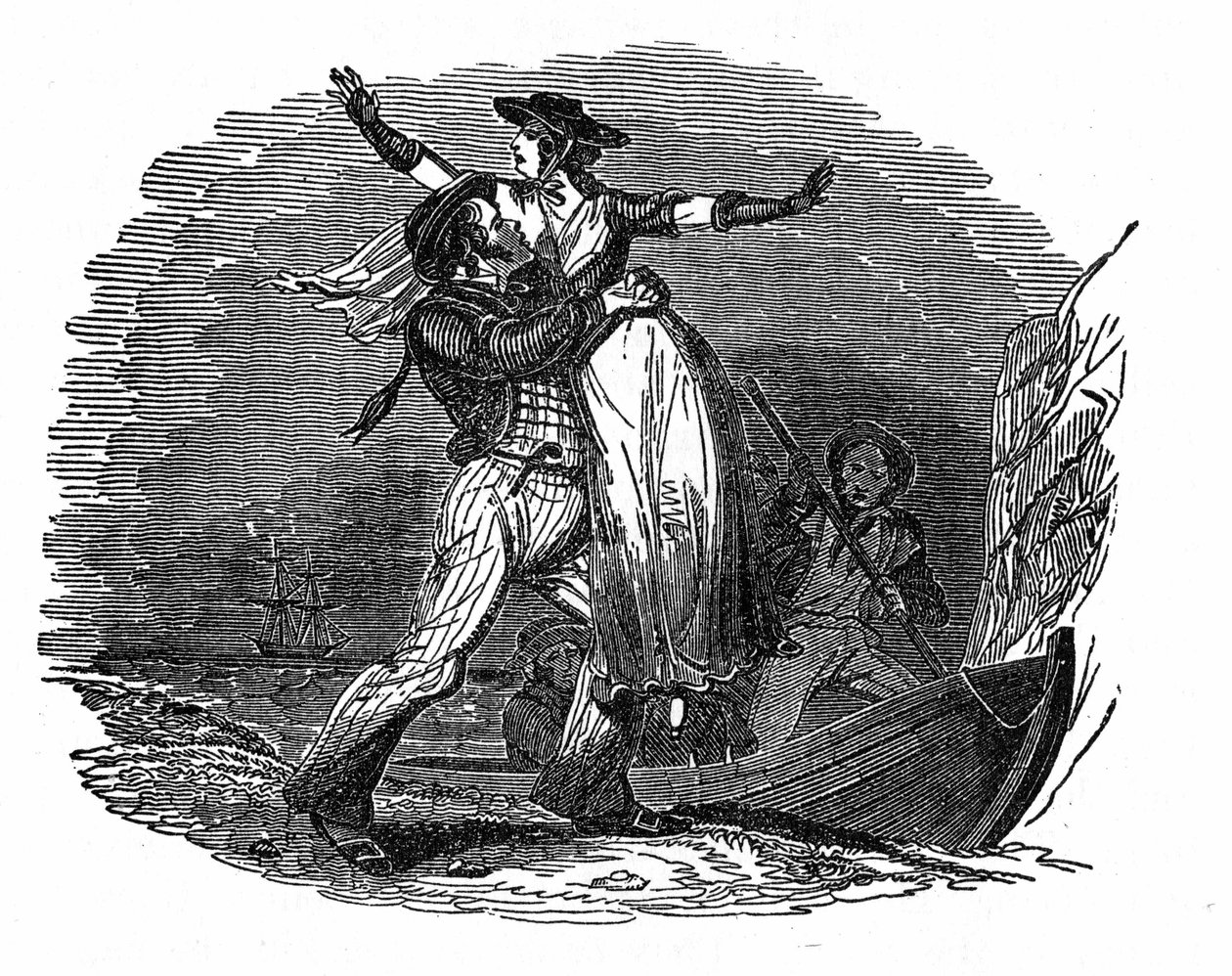 Pirate Charles Gibbs takes a Dutch girl from his ship (early 19th century). Engraving from The Pirate
