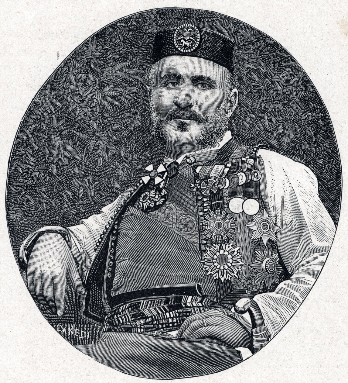 Portrait of Nicholas I of Montenegro, Prince of Montenegro and the Berda. Engraving in 