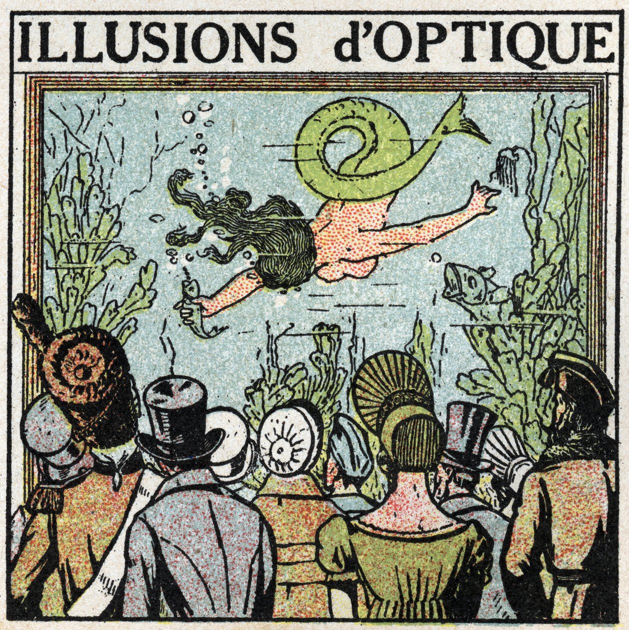 Reflection of light: optical illusion. Using an ice cream to give the illusion of a woman fish. Anonymous illustration from 1925. Private collection. by Anonymous Anonymous