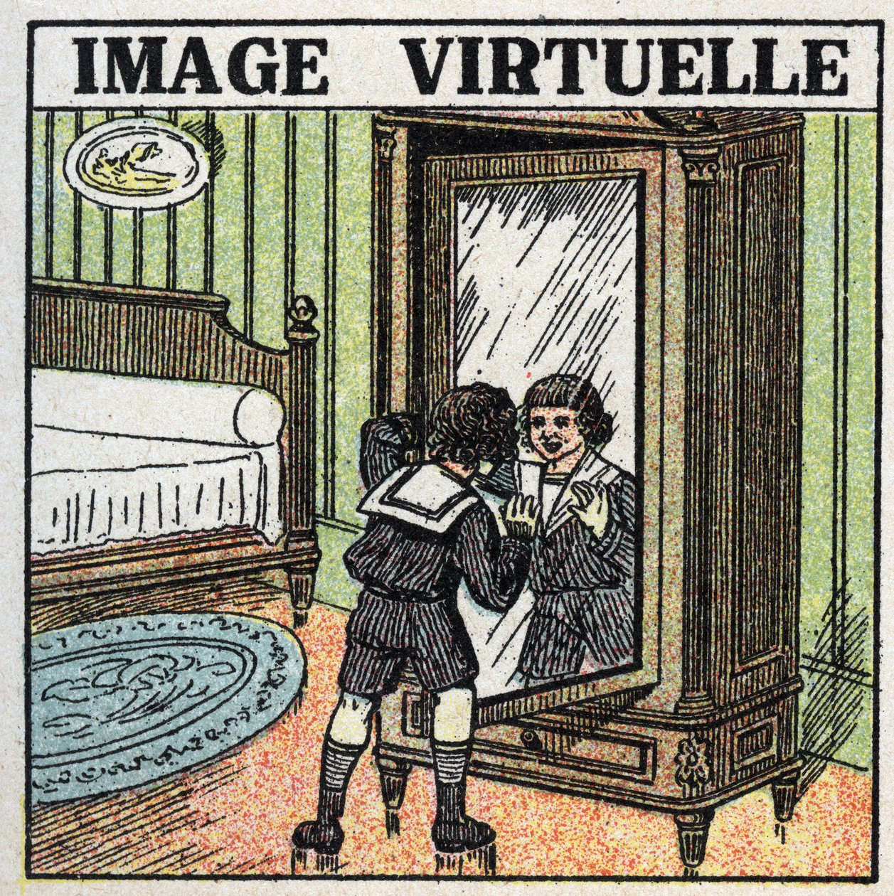 Reflection of light: virtual image. A child contemplating his reflection in a mirror. Anonymous illustration from 1925. Private collection. by Anonymous Anonymous