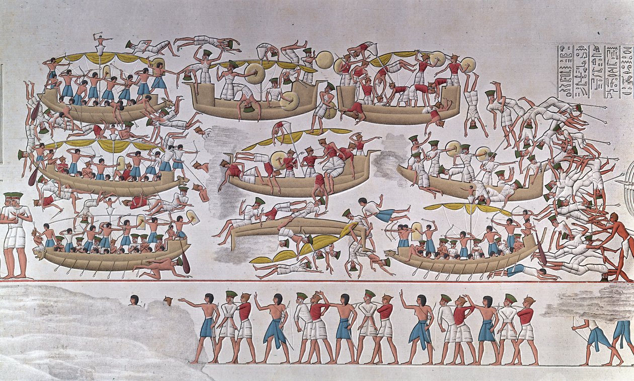 Representation of the Battle of the Nile Delta between the Armies of Ramses III and the Peoples of the Sea. From a relief to the funeral temple of Medinet Habou, Egypt by Anonymous Anonymous