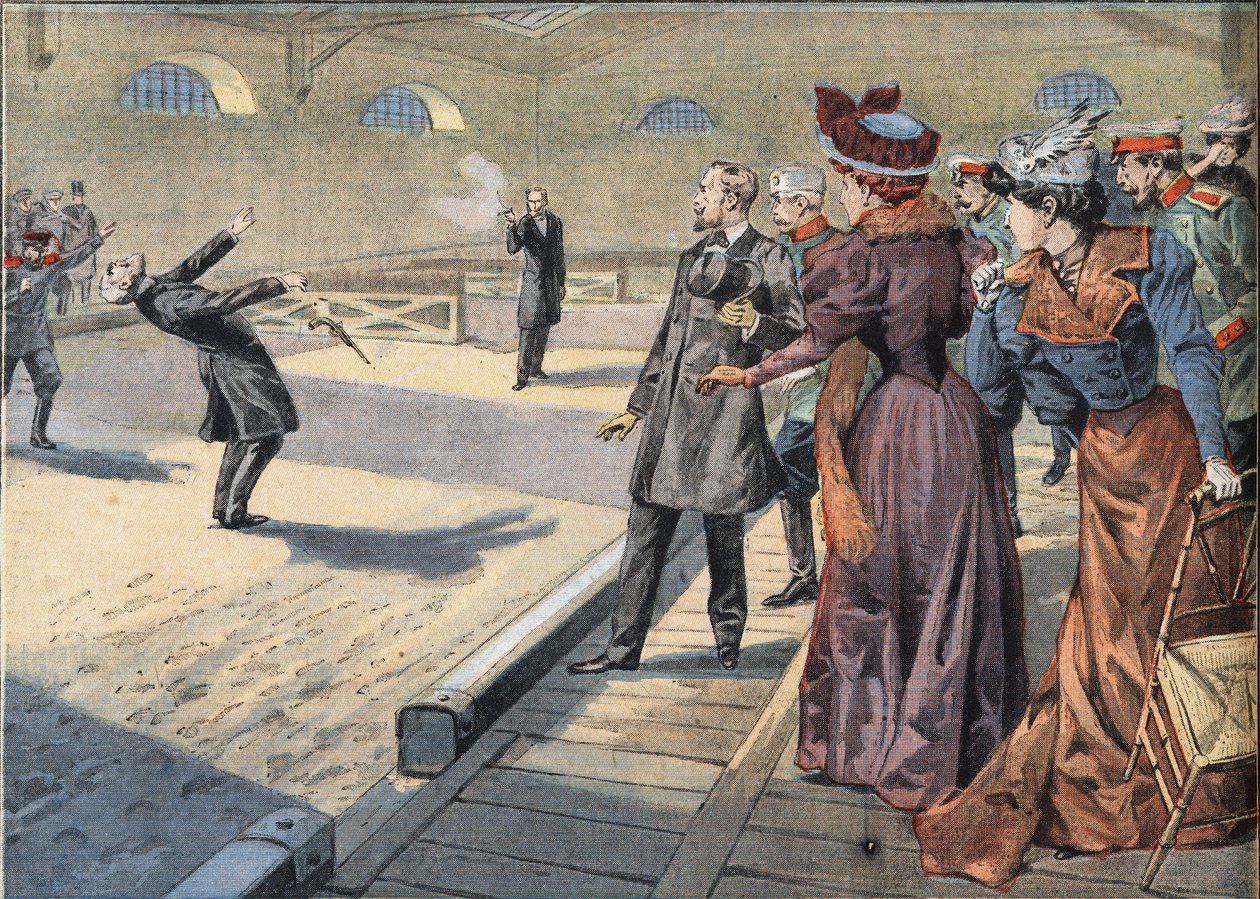 Russian generals Smyrnoff and Fock fight in a duel. Engraving from the newspaper 