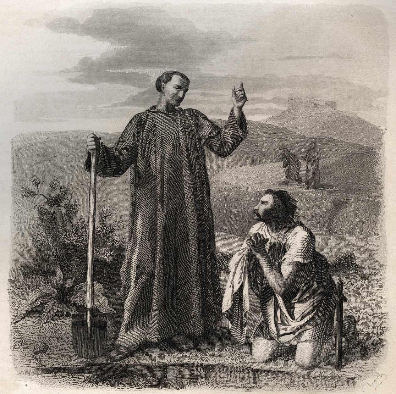 Saint Benedict of Nursia Welcoming Totila, King of the Ostrogoths. Engraving from 1846 in 