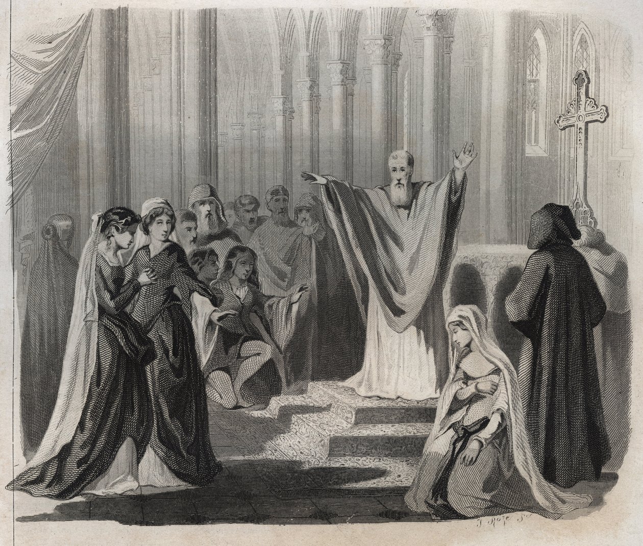 Saint Dunstan (ca. 909-988), bishop of Canterbury, Benedictine and reformer of monastic life in England, announcing his impending death to the people. Engraving from 1846 in 