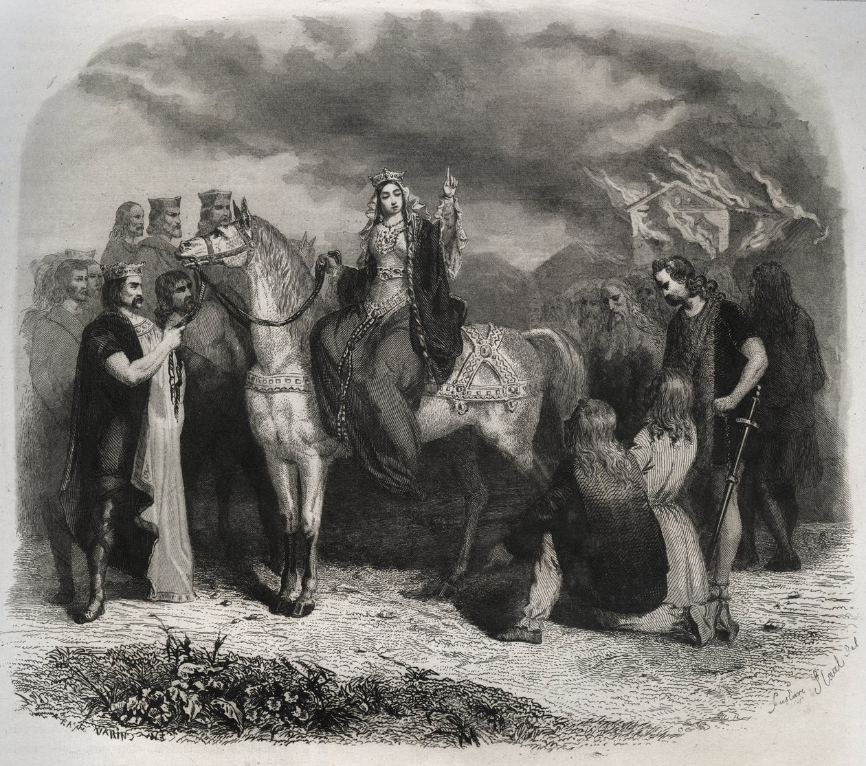 Saint Radegonde burned a Pagan temple and converted the Gauls to Christianity - Engraving from 1846 in 