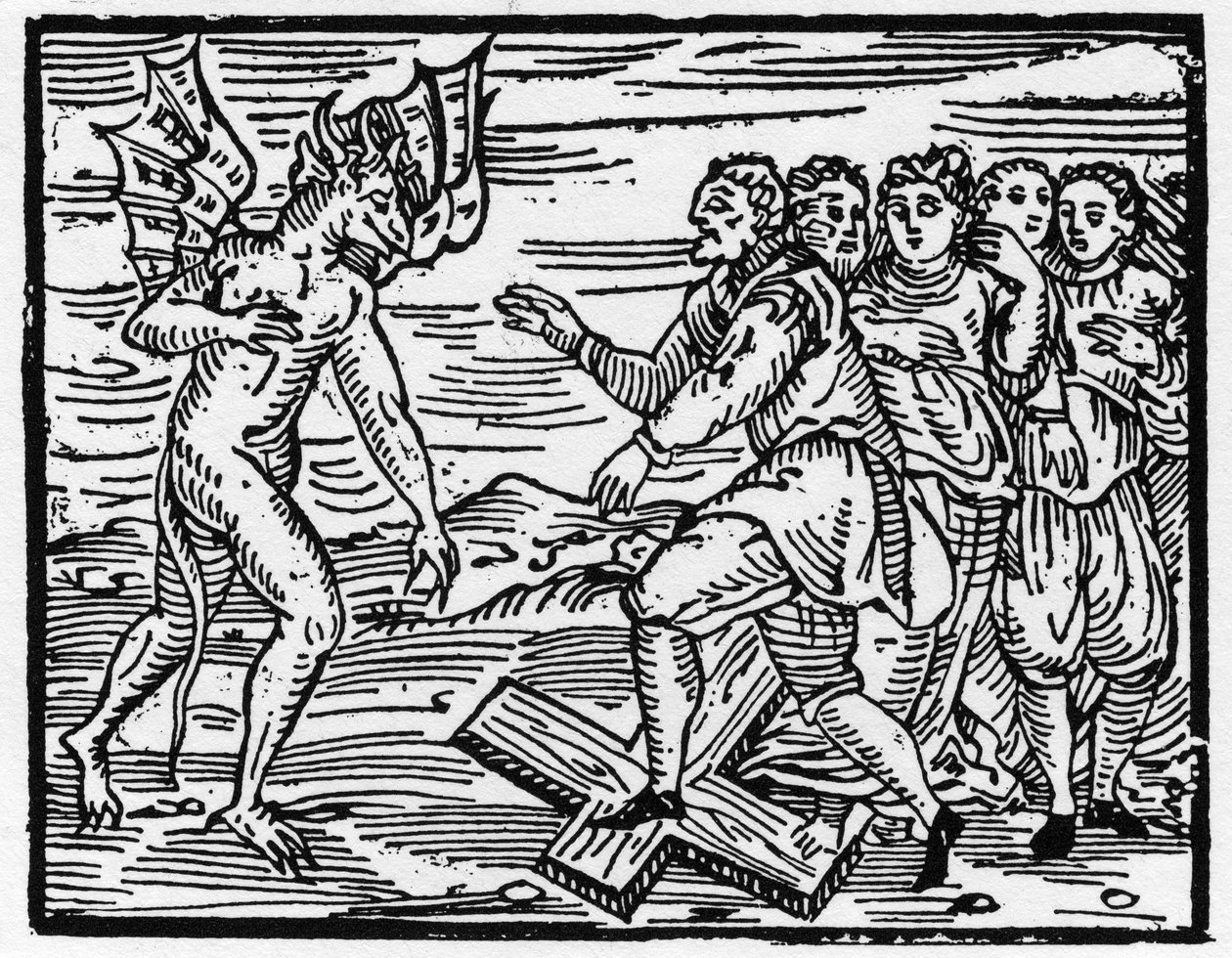 Satan forces his future disciples to walk on the cross - Compendium Maleficarum, deals with the witches, their evil and their sortileges by Francesco Maria Guazzo or Guaccio or Guaccius (15?? -16??) 1608 Private Collection. by Anonymous Anonymous