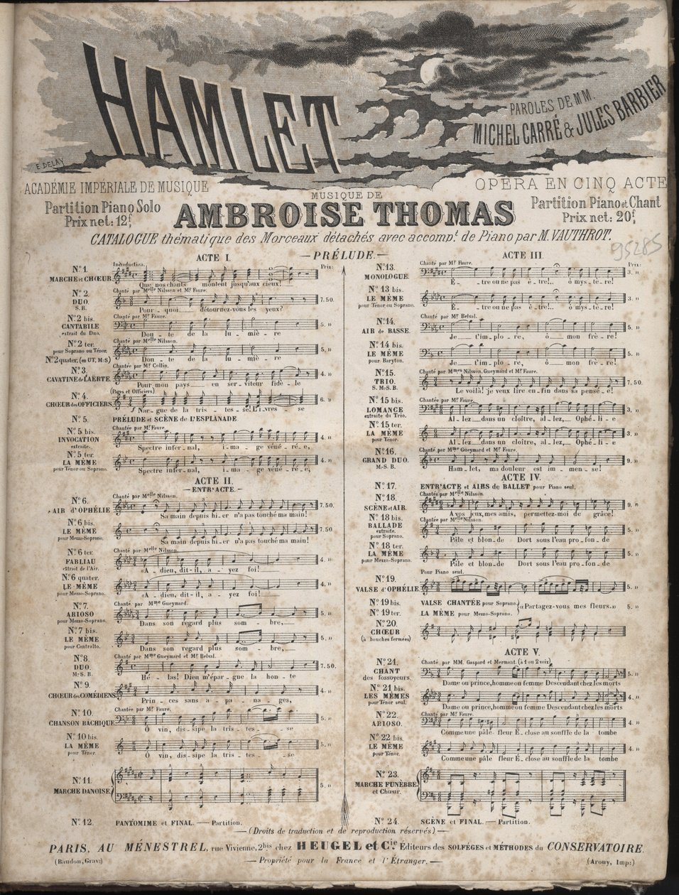 Score of HAMLET Opera by Ambroise Thomas in five acts on a libretto by Jules Barbier & Michel Carre. Private collection by Anonymous Anonymous