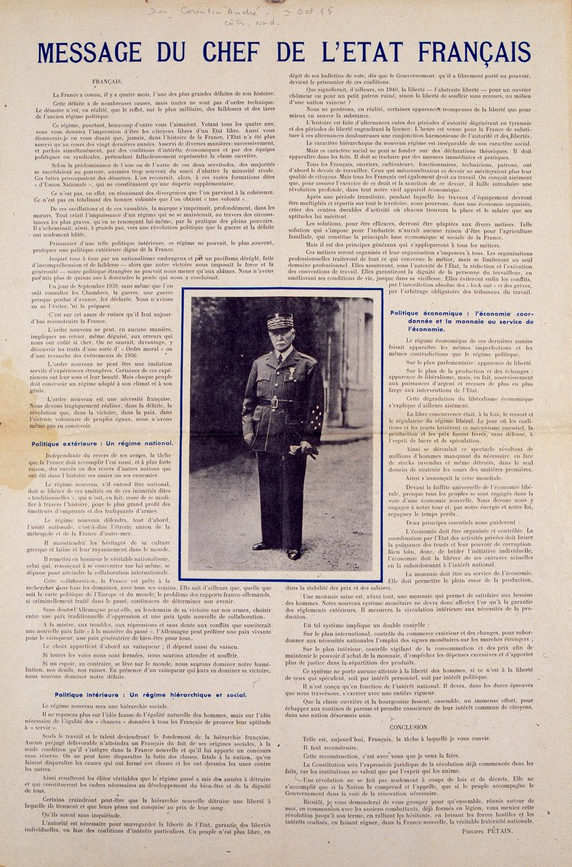 Second World War and Vichy Regime: Message from the French Head of State Philippe Petain by Anonymous Anonymous