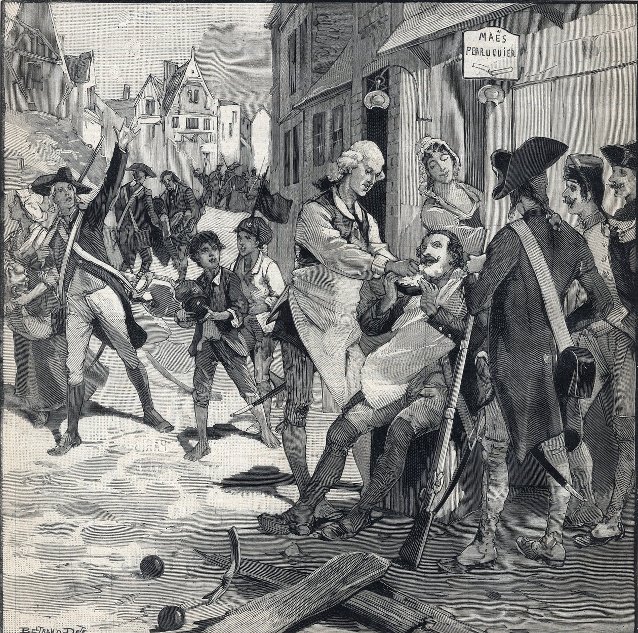 Siege of Lille in 1792: Maes Wig Using a Bomb Shatter as a Beard Dish to Shave a Client. Engraving in Le Petit Parisien on 16/10/1892. Private Collection by Anonymous Anonymous