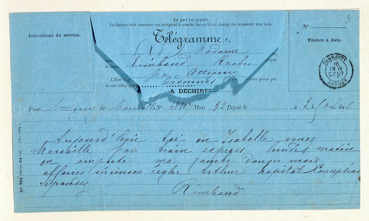 Telegram from Rimbaud to His Mother, Marseille, May 22 by Anonymous Anonymous
