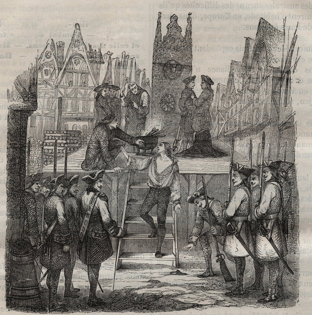 The Chevalier Francois-Jean Lefebvre de La Barre ascending to the scaffold in 1766. Engraving in 