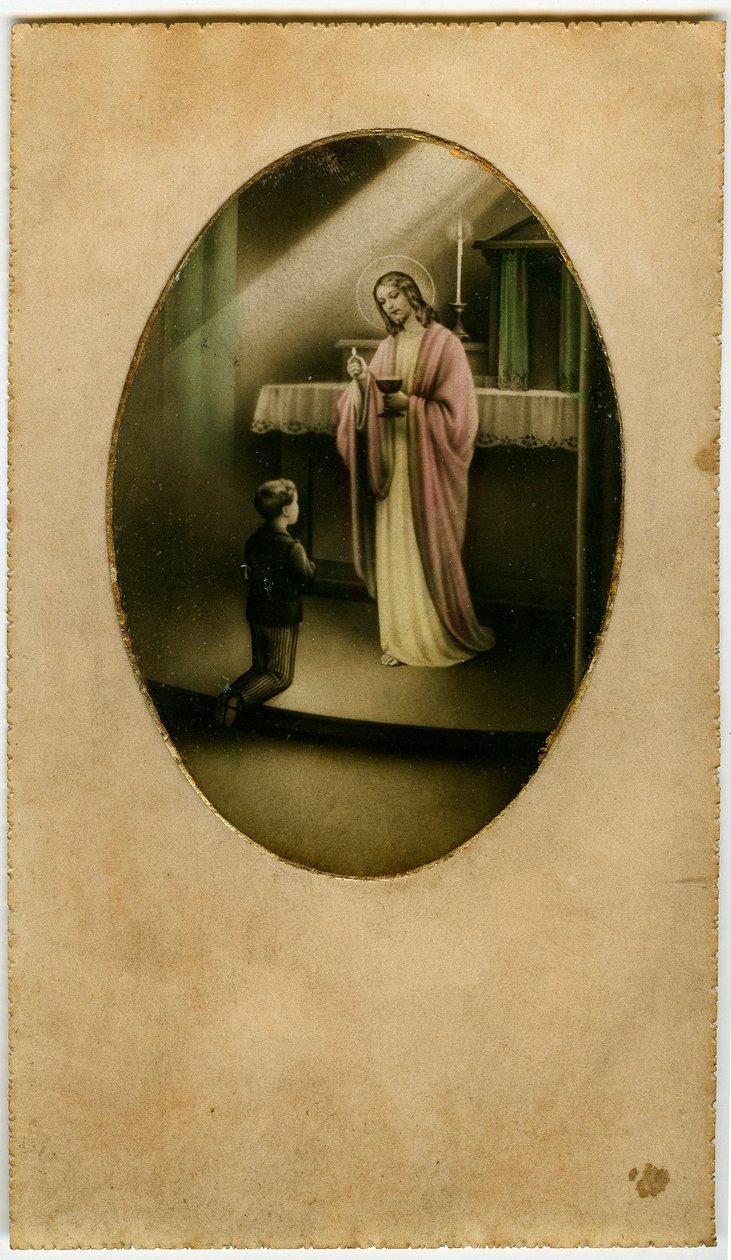 The Eucharist, Holy Communion, the Sacrament of the Altar: a child in front of Jesus (engraving) by Anonymous Anonymous