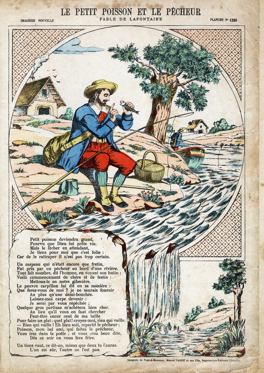 The Little Fish and the Fisherman. Anonymous illustration for Les Fables by Jean de La Fontaine (1621-1695). Imaging of Pont-a-Mousson, circa 1880. Private collection. by Anonymous Anonymous
