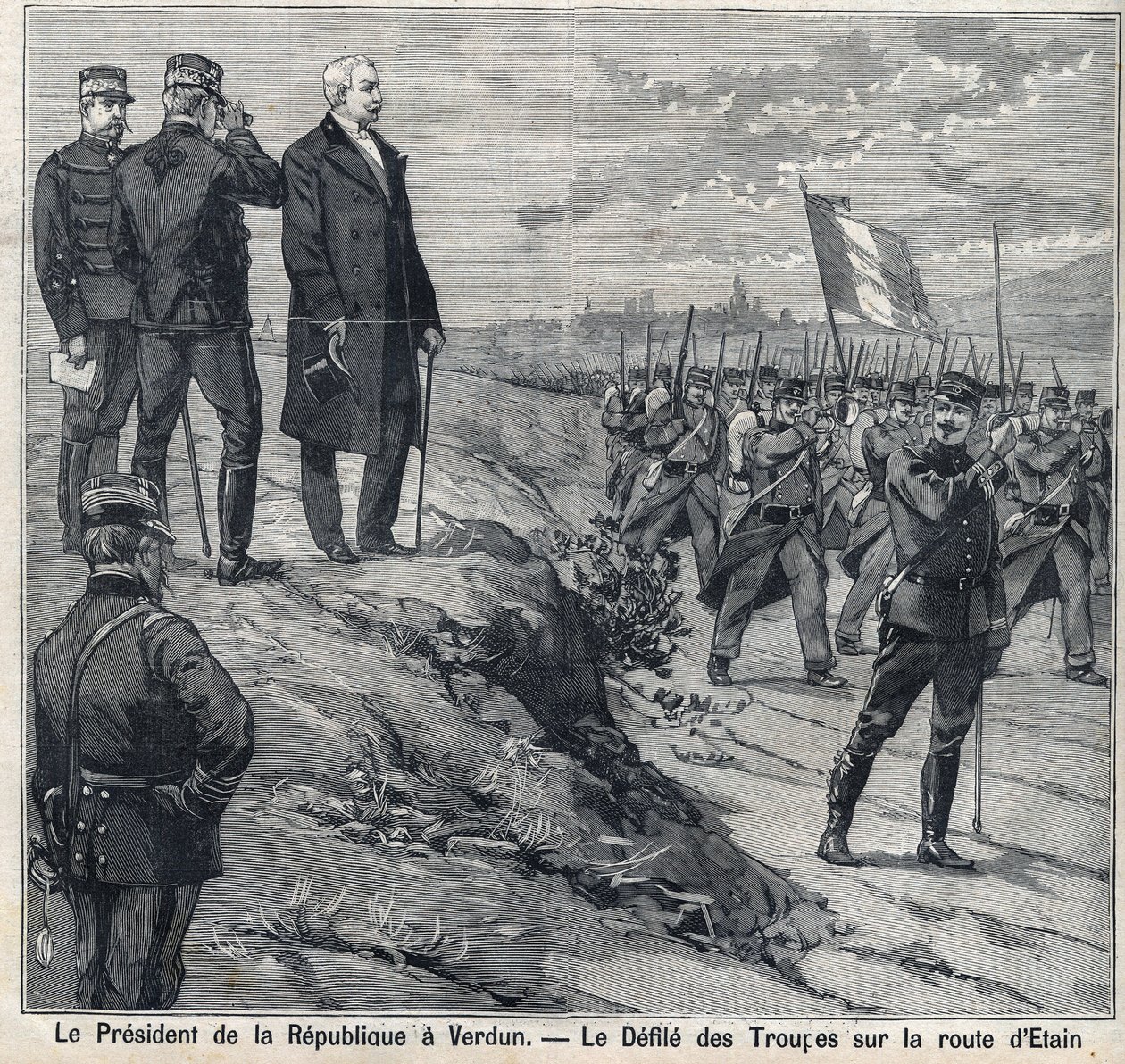 The President of the Republic Felix Faure (1841-1899) visits Verdun (Meuse): the defile of the military school of the road of Etin. Engraving in 