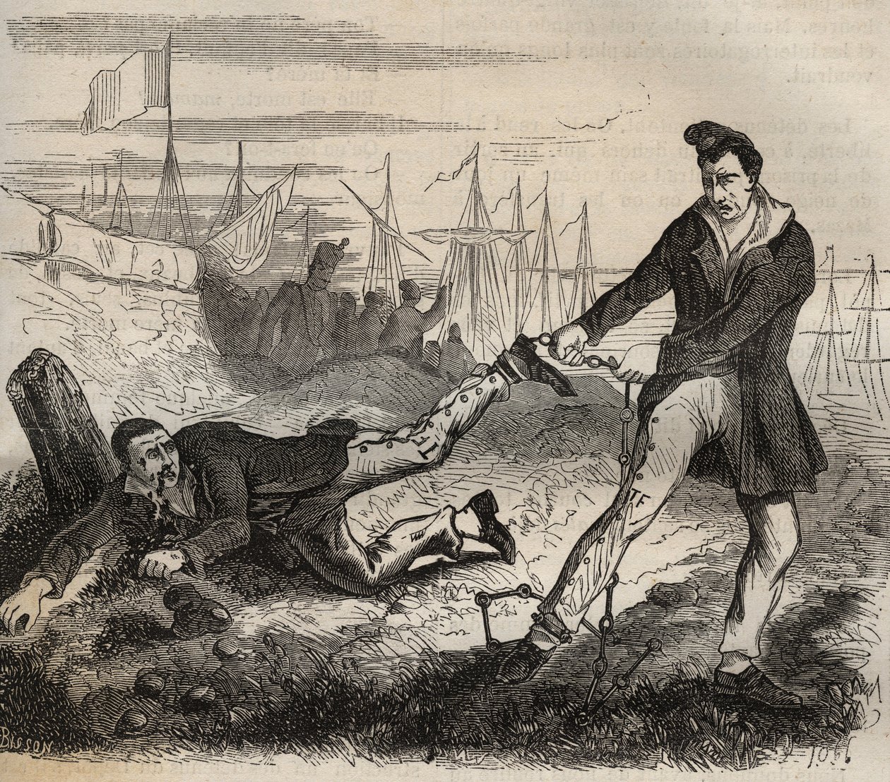 The biggest torment of the forcate is to be a mismate. Fight between two prisoners connected by the same chain. Bagne de Rochefort in the 19th century. Engraving in 