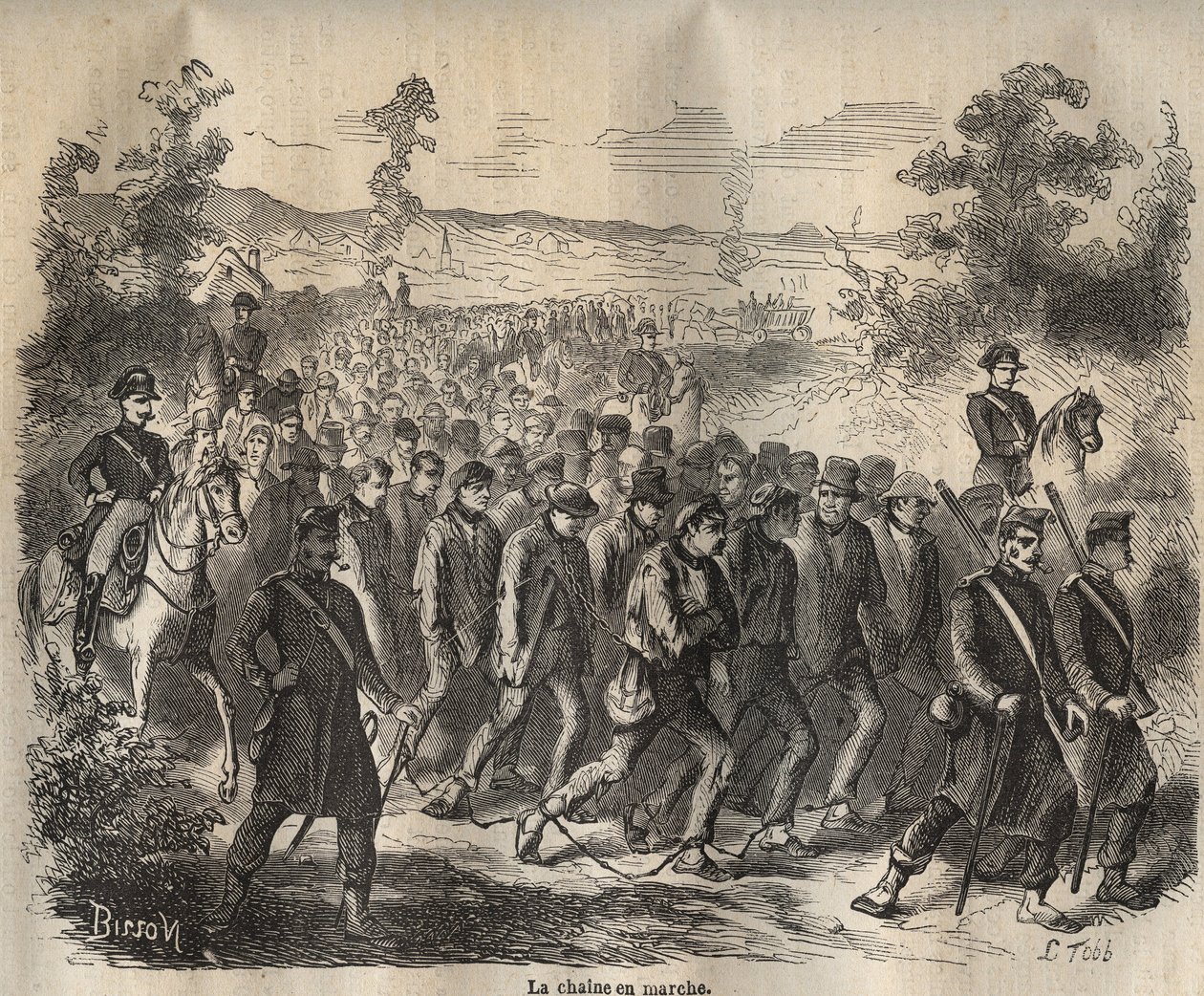 The chain started at the Toulon Bagne in the 19th century. Engraving in Histoire des bagnes depuis leur création à nos jours (1877) by Pierre Zaccone. Private collection. by Anonymous Anonymous