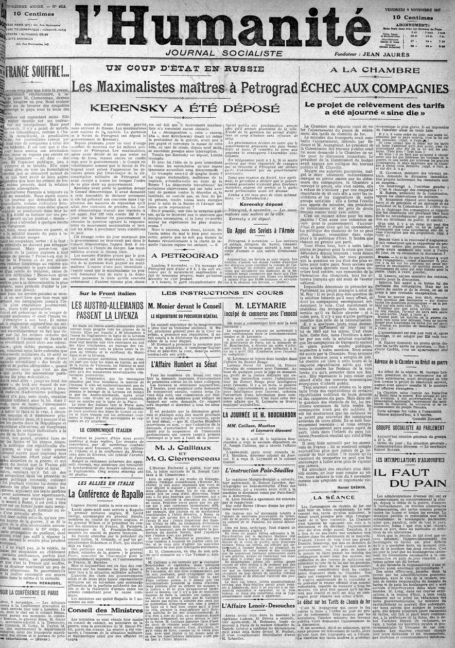 The coup in Russia on the headlines of the socialist newspaper Humanity. Headlines: The Masters Maximalists in Petrograd, Kerensky was deposited, The 9/11/1917 by Anonymous Anonymous