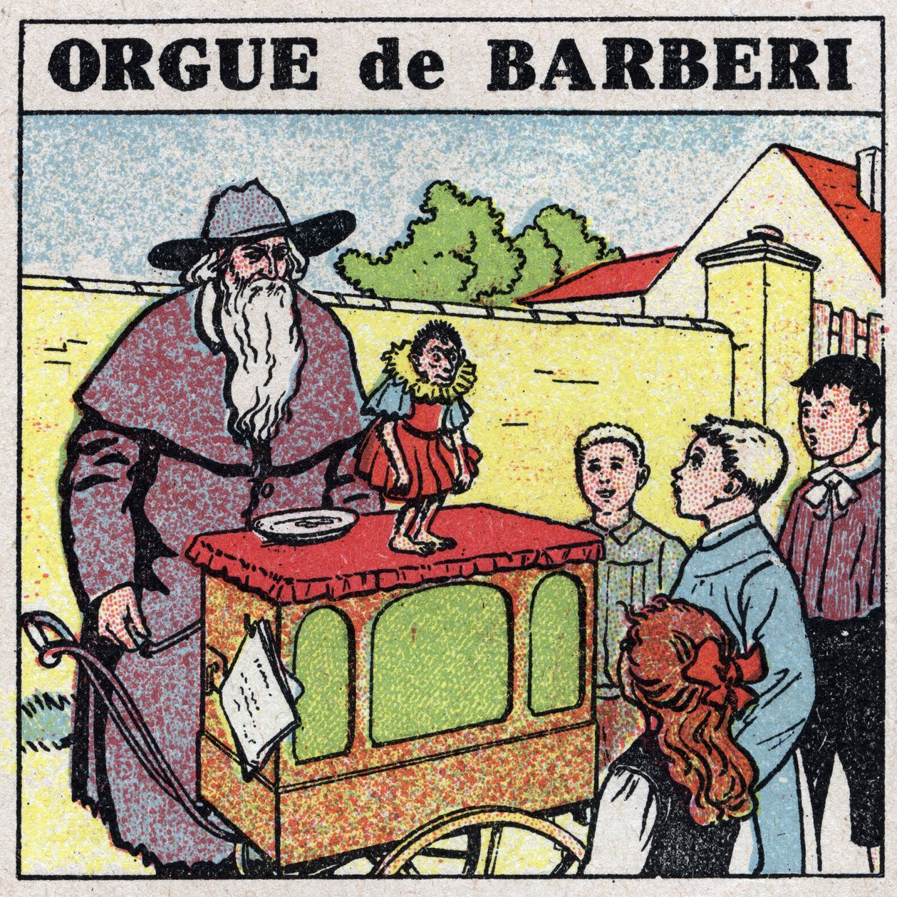 The effects of music: a prickly organ player and a monkey entertain children on a street. Anonymous illustration from 1925. Private collection. by Anonymous Anonymous