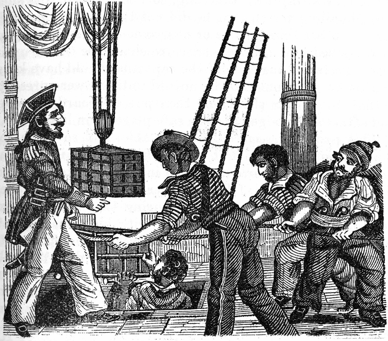 The pirate “Long Ben” John Avery (died in 1643) loaded three crates of treasure (gold and stones) on his ship. Engraving of “The pirate