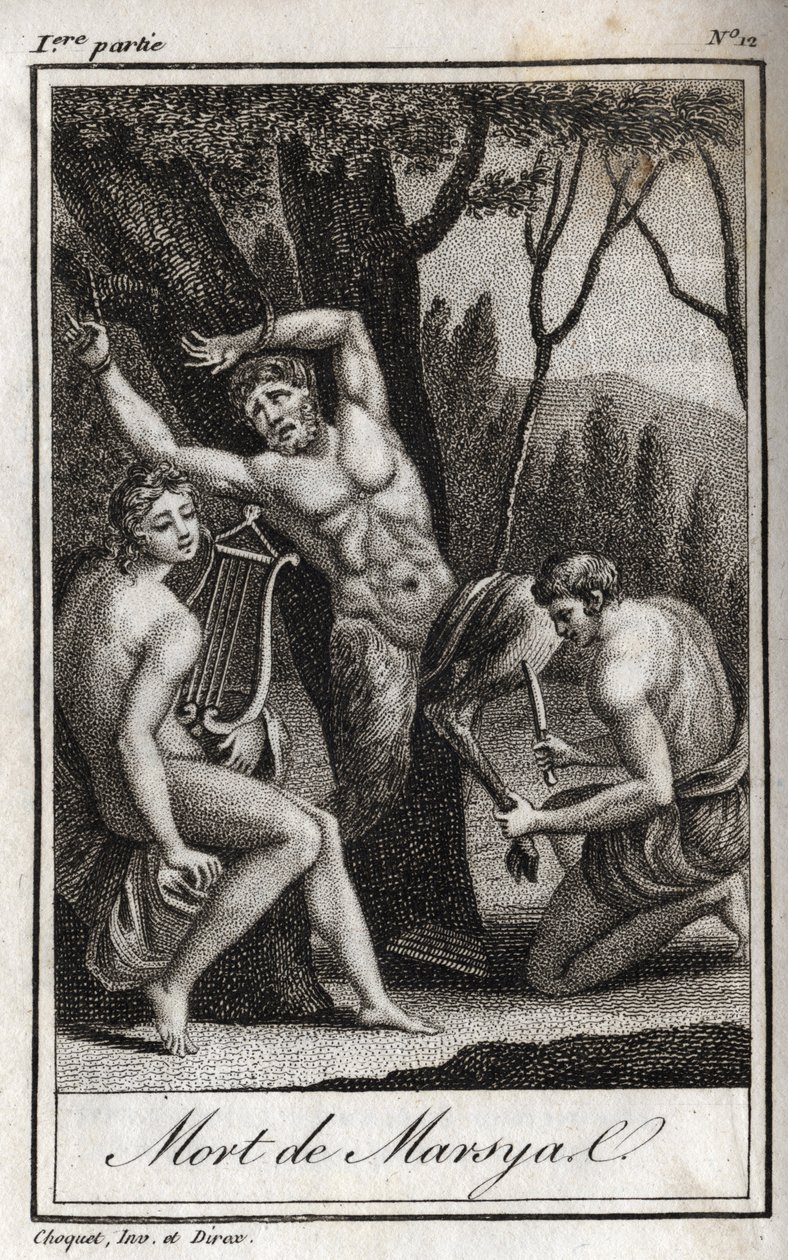 The Punishment or Death of Marsyas (The Punishment of Marsyas) is Punished for Having Defied Apollo to the Lyre and is Barred by the Archer in the Presence of King Midas and the Muses. Engraving from 1819 in 