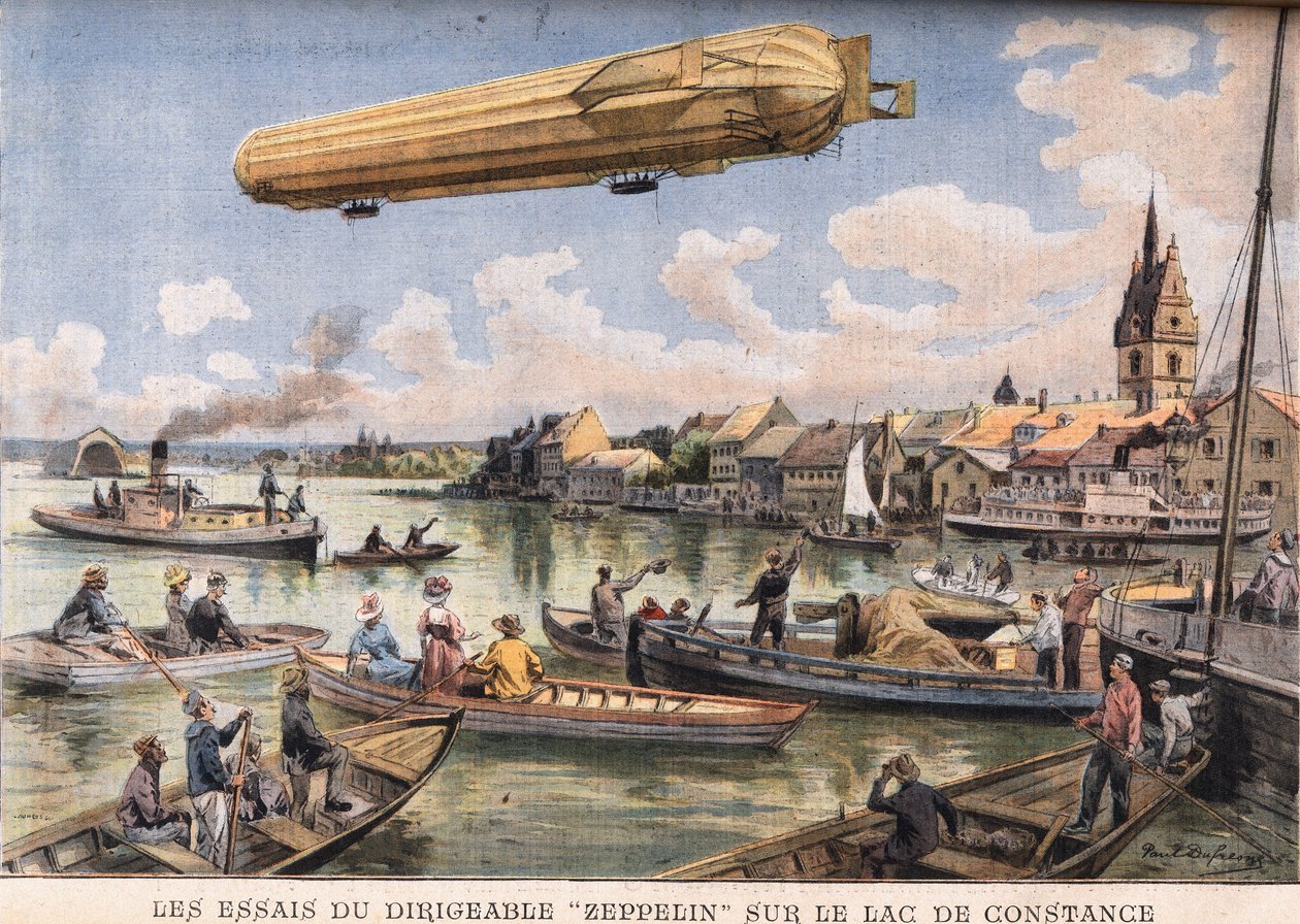 The tests of the Zeppelin airship on Lake Constance in Germany. Engraving from the newspaper Le Petit Parisien, on 2/08/1908. Private collection. by Anonymous Anonymous