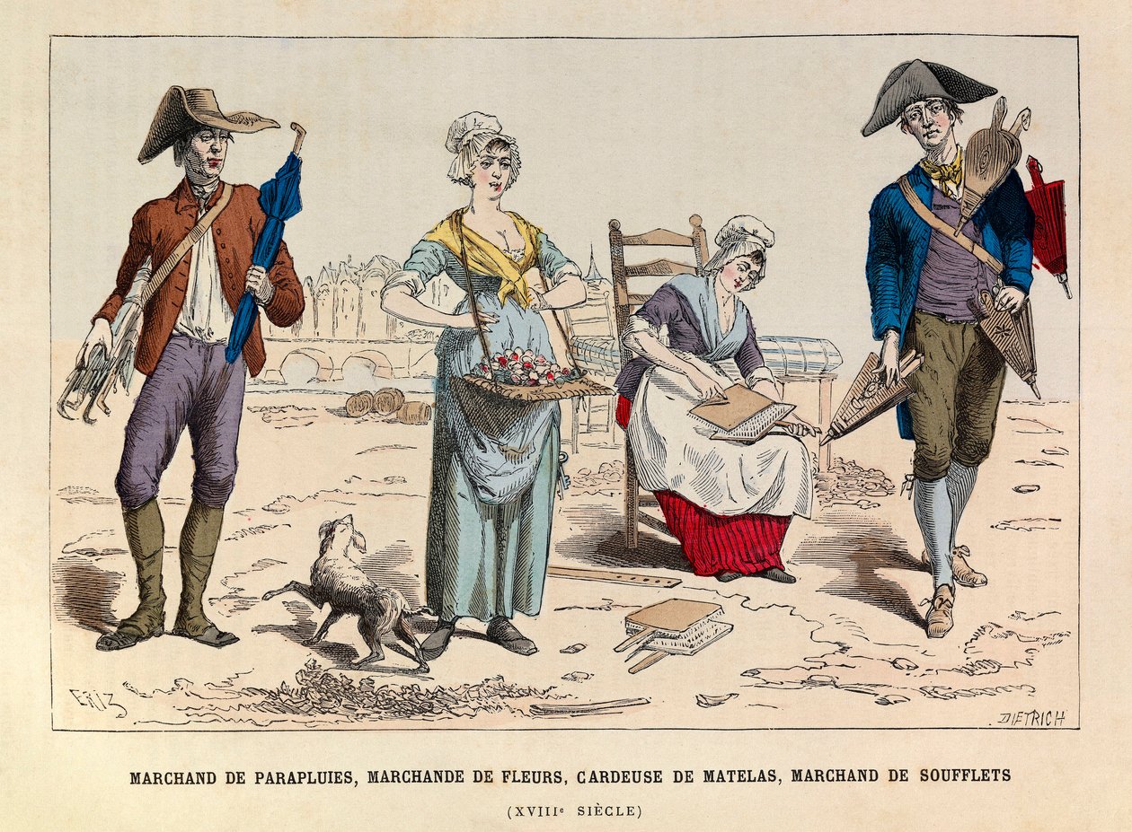 Umbrella merchant, flower merchant, mattress carder and bellows dealer in Paris in the 18th century by Anonymous Anonymous