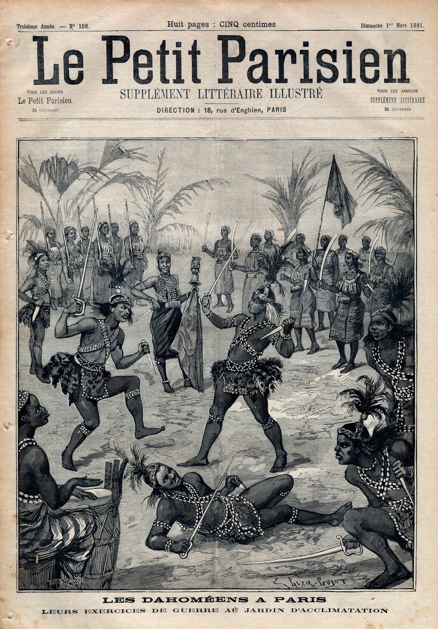 War Exercises: Amazons, warriors and feticheurs from Dahomey (now Benin) from the garden of acclimatization in Paris (Human Zoo). Engraving in 