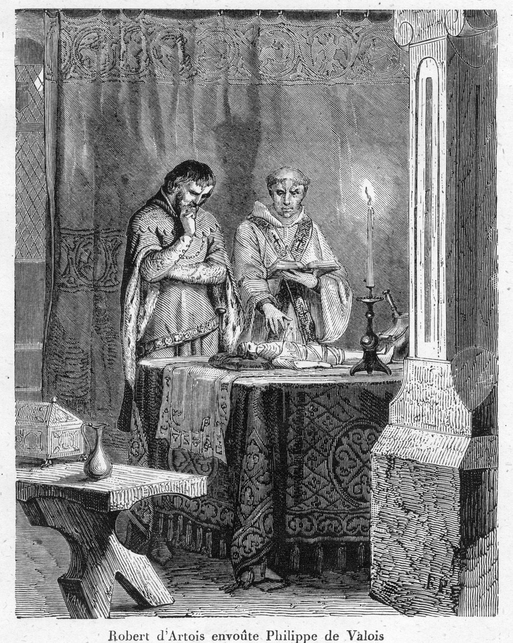 Witchcraft and black magic: The Lord Robert III of Artois enchanting John of Valois, son of King Philip VI, on a doll of wax in his image (voodoo) by Anonymous Anonymous