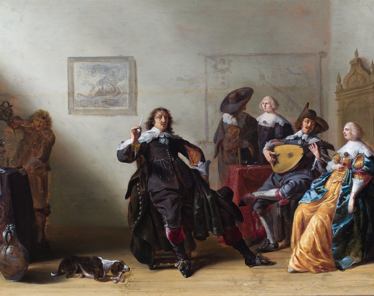 An Interior with Five Elegant Figures Around a Table, One Playing a Lute by Anthonie (1601-73) Palamedesz