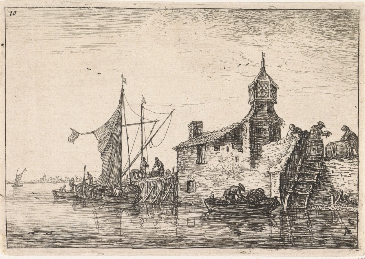 Landing Place by a Building with a Tower by Anthonie Waterloo