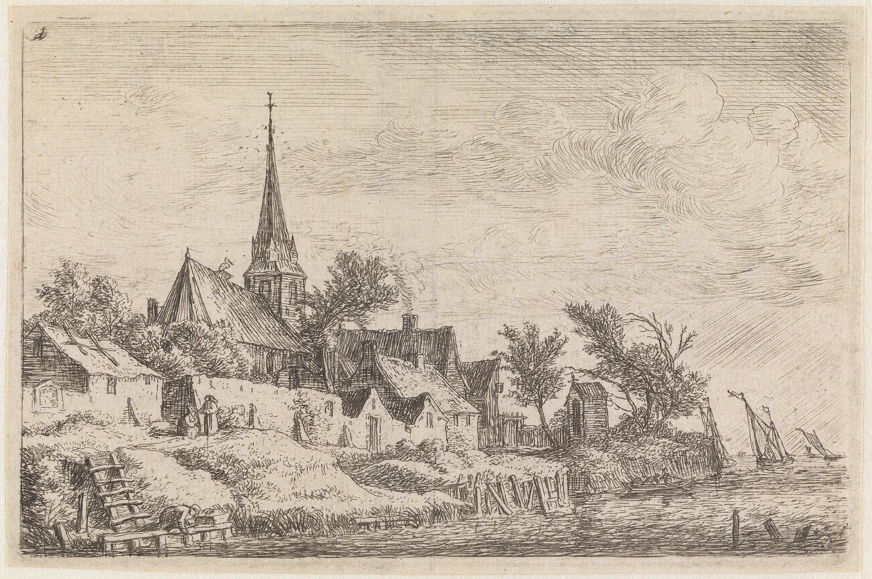 Village with a Church with a Spire, on the Seashore (No.4 from a Series of 12 Prints) by Anthonie Waterloo