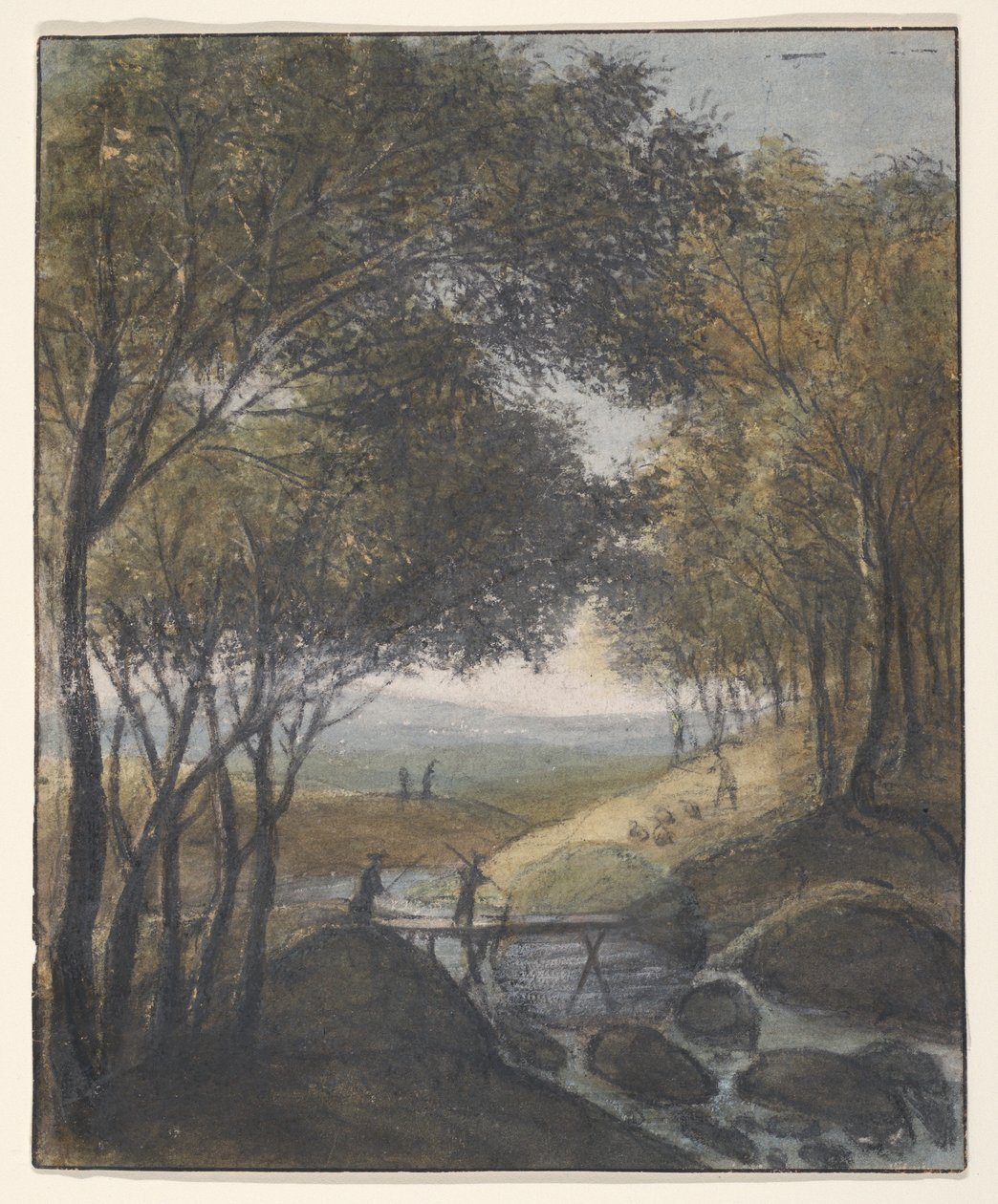 Landscape with a Traveler Crossing a Bridge (recto); Sketches of a Gate, a Bridge, and a Town Hall (verso) by Anthonie Waterloo