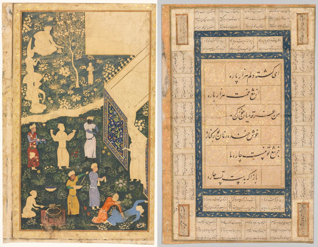 Left side of a double-page album folio: Outside a Royal Encampment (recto) and Calligraphy, Persian Verses (verso) by Anthonie Waterloo