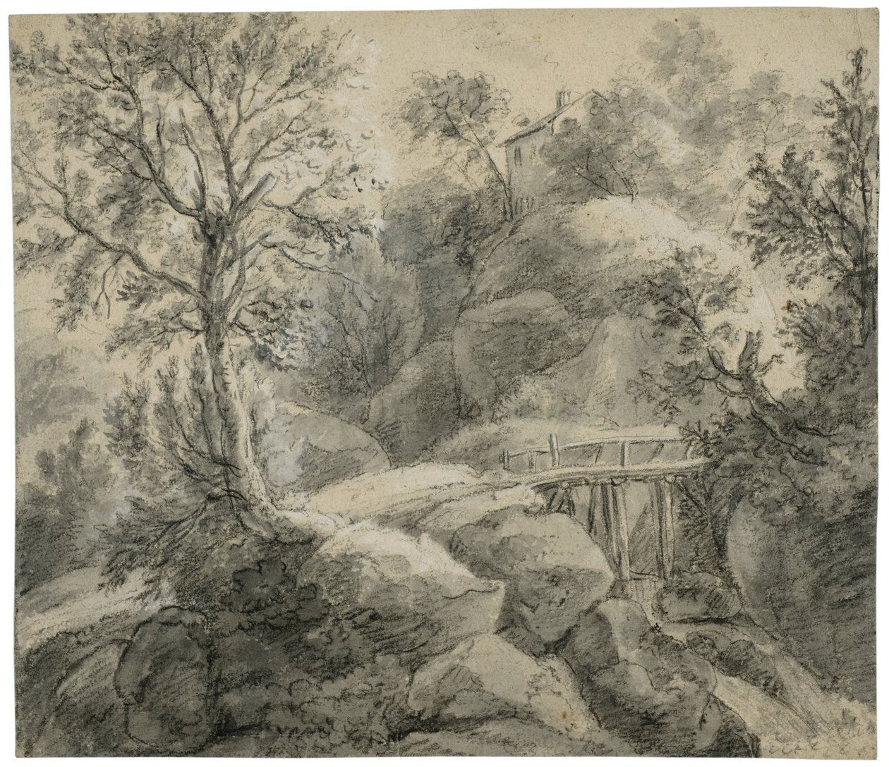 Rocky Landscape with a Bridge Crossing a Stream by Anthonie Waterloo