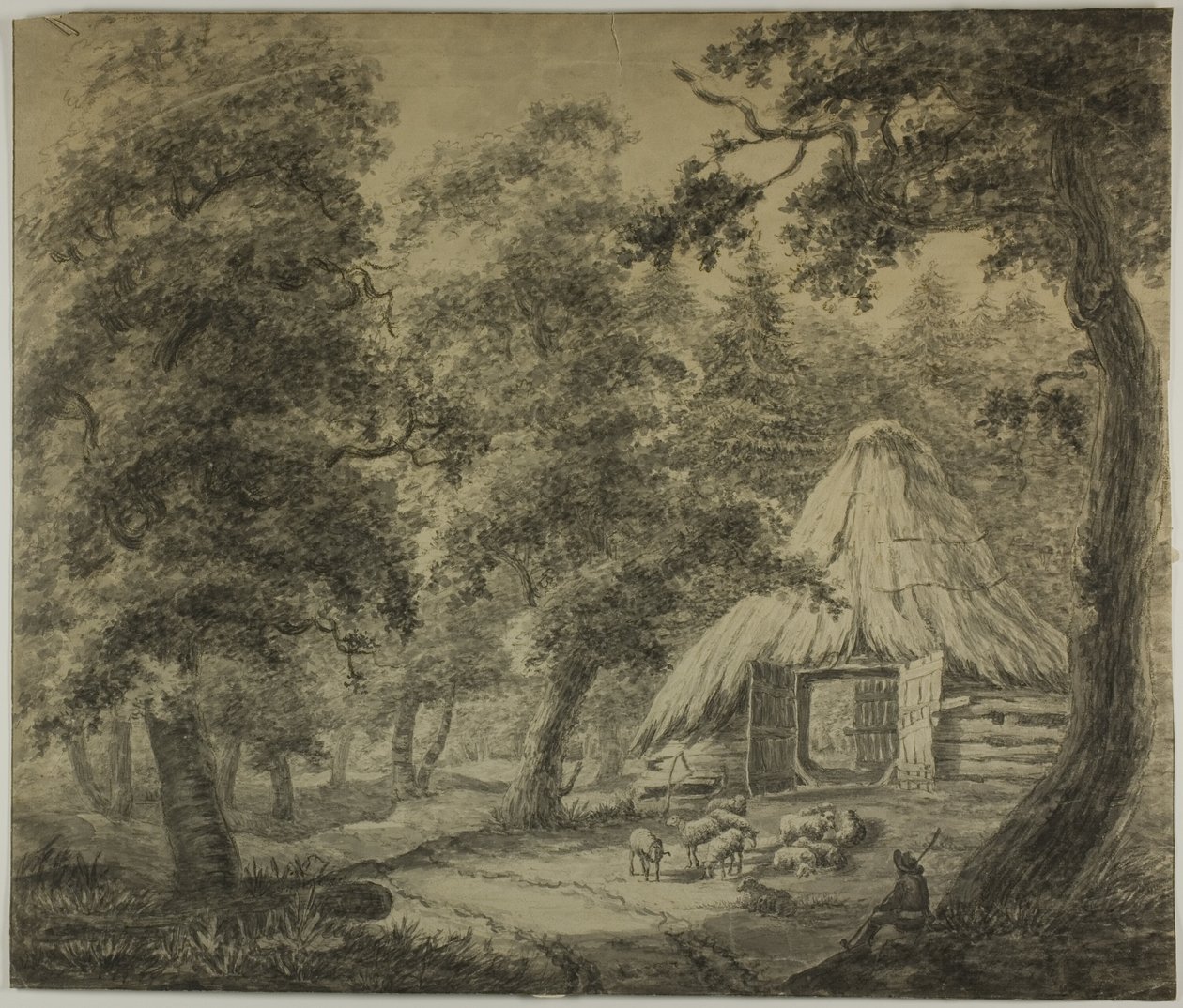 Thatched Hut in Woods with Shepherd and Sheep by Anthonie Waterloo