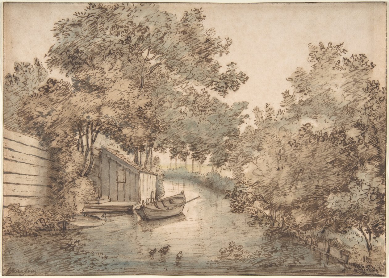 Canal with a Boat and Ducks by Anthonie van Borssom